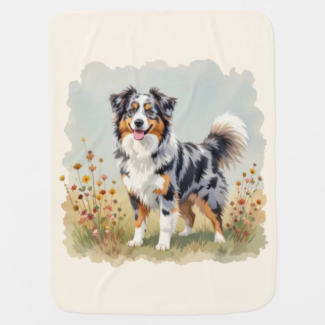 Australian Shepherd Dog Merle Long Tail Baby Blanket (Front)
