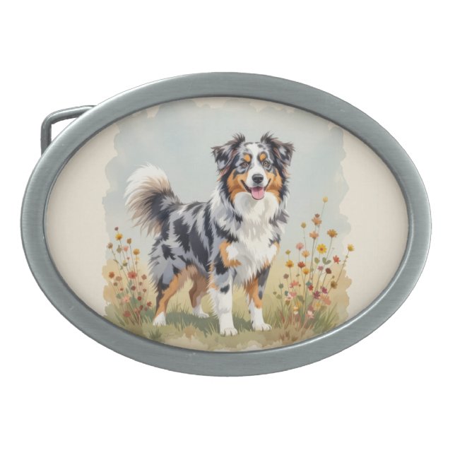Australian Shepherd Dog Merle Long Tail Belt Buckle (Front)