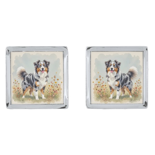 Australian Shepherd Dog Merle Long Tail Cufflinks (Front)