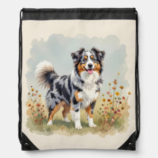 Australian Shepherd Dog Merle Long Tail Drawstring Bag