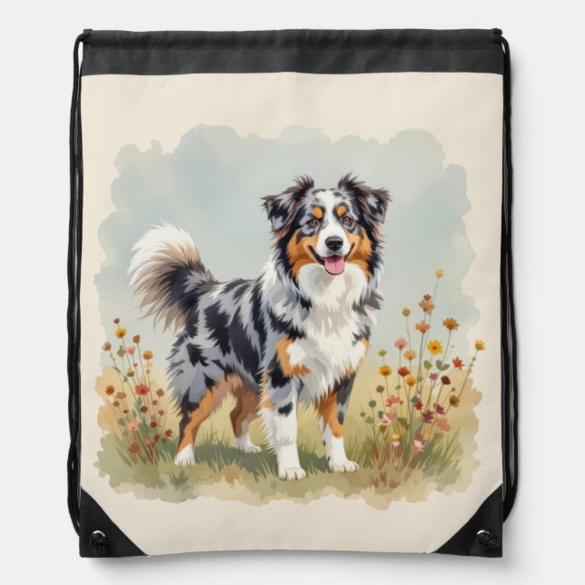 Australian Shepherd Dog Merle Long Tail Drawstring Bag (Front)