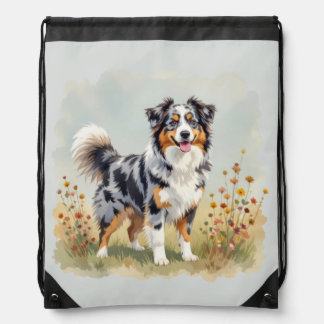Australian Shepherd Dog Merle Long Tail Drawstring Bag