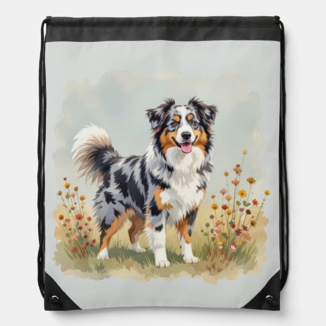 Australian Shepherd Dog Merle Long Tail Drawstring Bag (Front)
