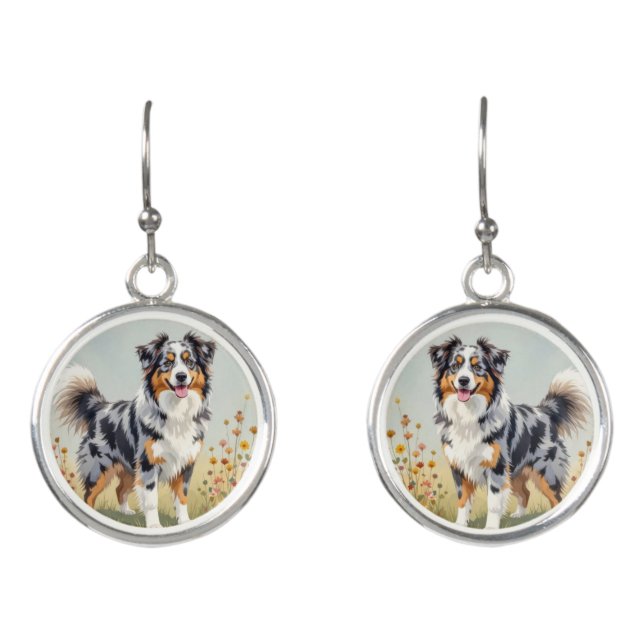 Australian Shepherd Dog Merle Long Tail Earrings (Front)