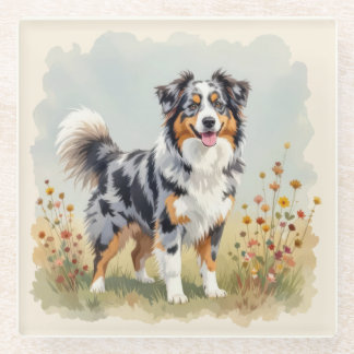 Australian Shepherd Dog Merle Long Tail Glass Coaster