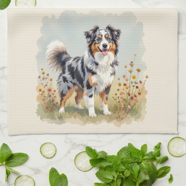 Australian Shepherd Dog Merle Long Tail Kitchen Towel (Folded)