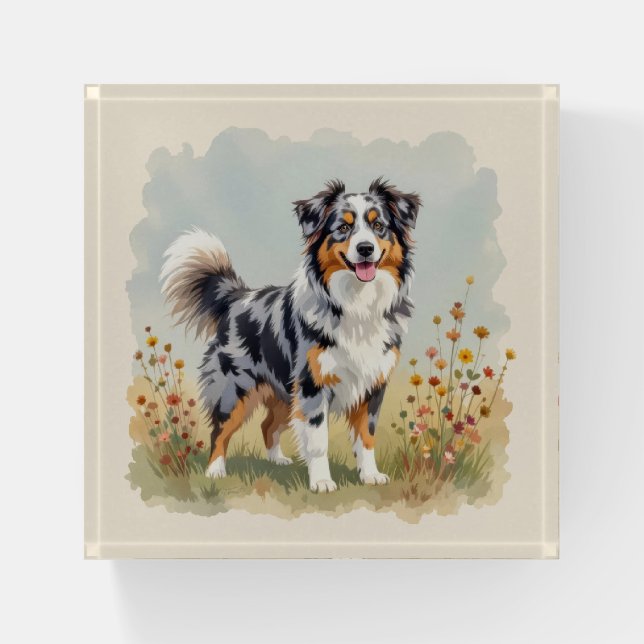 Australian Shepherd Dog Merle Long Tail Paperweight (Front)