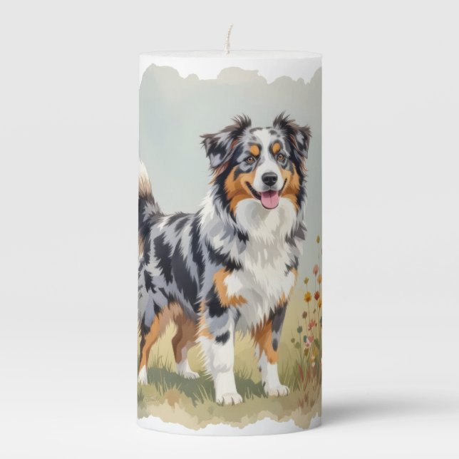 Australian Shepherd Dog Merle Long Tail Pillar Candle (Front)