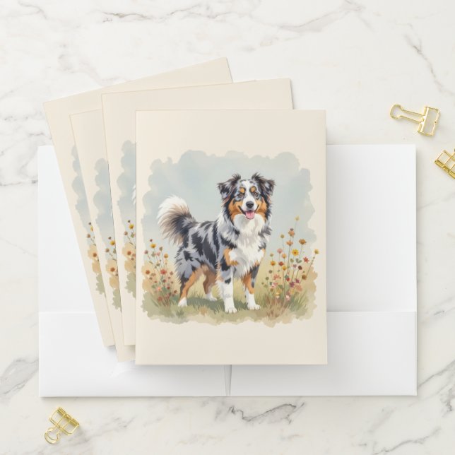 Australian Shepherd Dog Merle Long Tail Pocket Folder (In Situ)