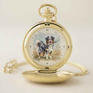 Australian Shepherd Dog Merle Long Tail Pocket Watch