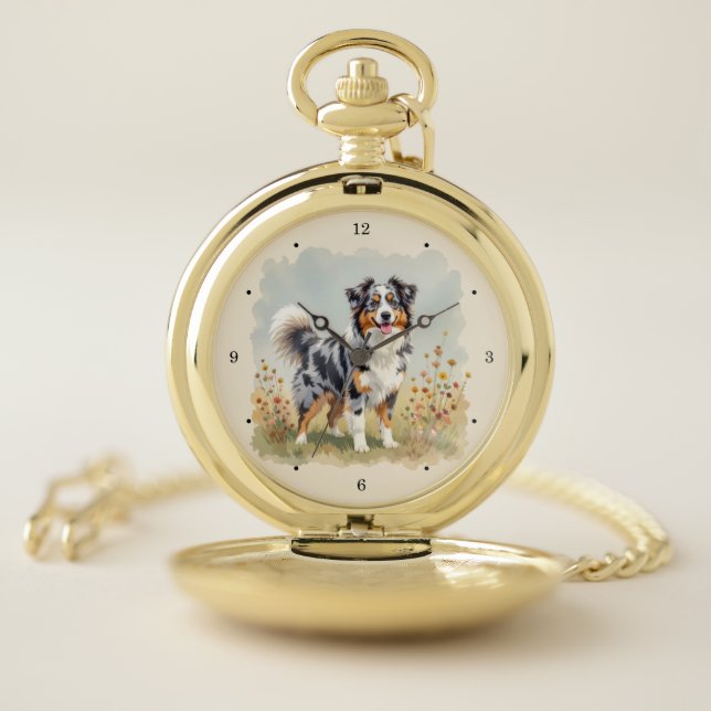 Australian Shepherd Dog Merle Long Tail Pocket Watch (Inside)