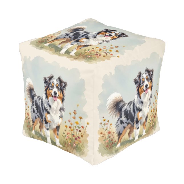 Australian Shepherd Dog Merle Long Tail Pouf (Angled Front)