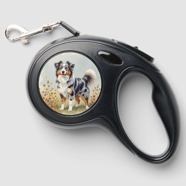 Australian Shepherd Dog Merle Long Tail Retractable Pet Leash (Front)