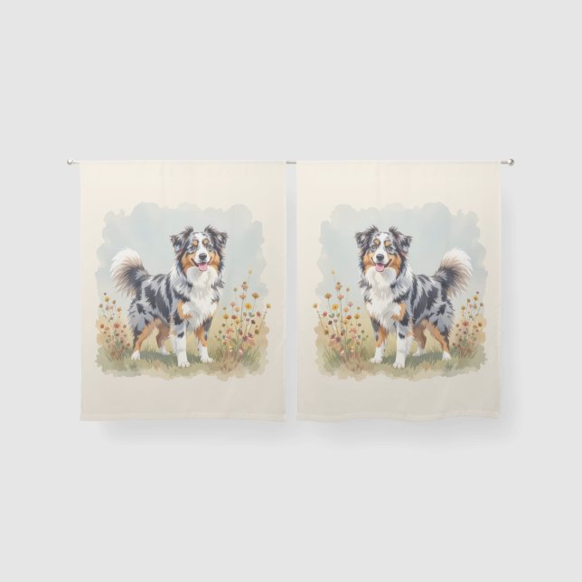 Australian Shepherd Dog Merle Long Tail Sheer Curtains (Pair)
