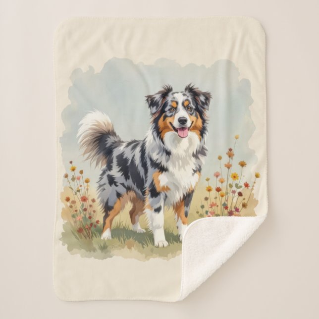 Australian Shepherd Dog Merle Long Tail Sherpa Blanket (Front)