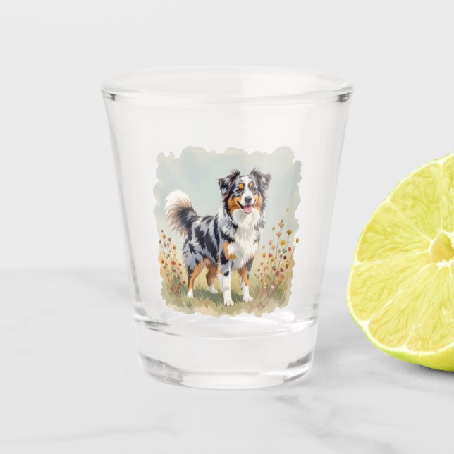 Australian Shepherd Dog Merle Long Tail Shot Glass (Front)