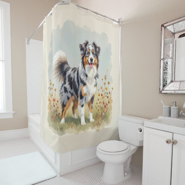 Australian Shepherd Dog Merle Long Tail Shower Curtain (In Situ)