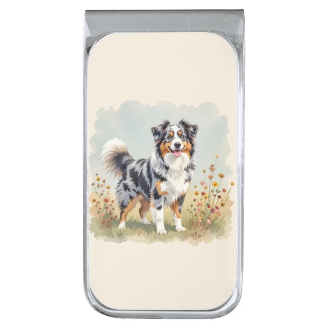 Australian Shepherd Dog Merle Long Tail Silver Finish Money Clip (Front Vertical)