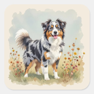 Australian Shepherd Dog Merle Long Tail Square Sticker