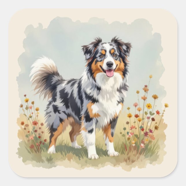 Australian Shepherd Dog Merle Long Tail Square Sticker (Front)