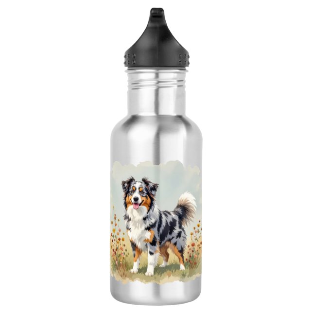 Australian Shepherd Dog Merle Long Tail Stainless Steel Water Bottle (Right)