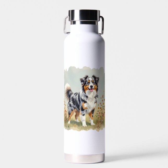 Australian Shepherd Dog Merle Long Tail Water Bottle (Front)