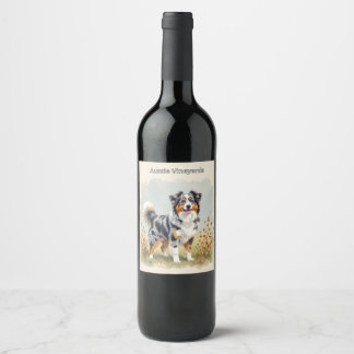 Australian Shepherd Dog Merle Long Tail Wine Label