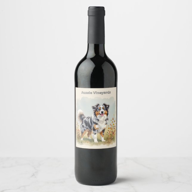 Australian Shepherd Dog Merle Long Tail Wine Label (Front)