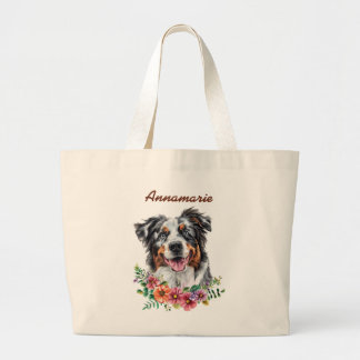 Australian Shepherd Dog Mom Birthday Custom Name Large Tote Bag