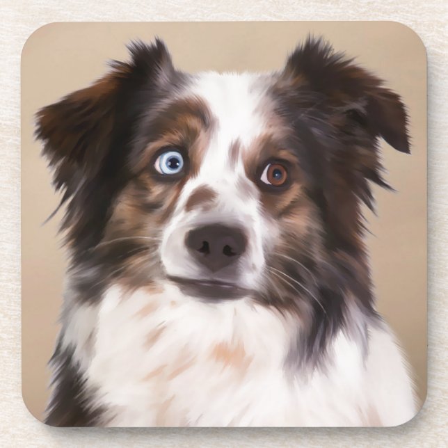Australian Shepherd Dog Oil Painting Art Beverage Coaster (Front)