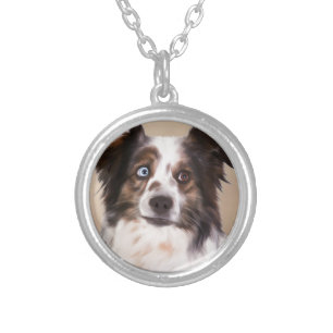 Australian Shepherd Dog Oil Painting Art Silver Plated Necklace