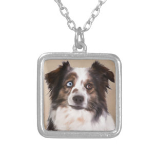 Australian Shepherd Dog Oil Painting Art Silver Plated Necklace