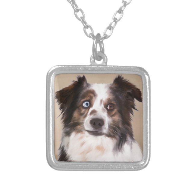 Australian Shepherd Dog Oil Painting Art Silver Plated Necklace (Front)