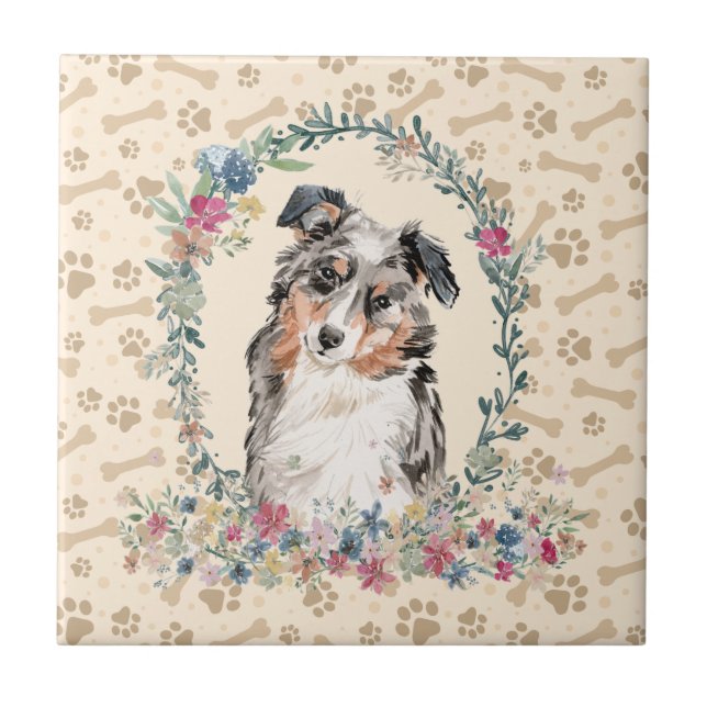 Australian Shepherd Dog Paw Print Floral Cute Ceramic Tile (Front)