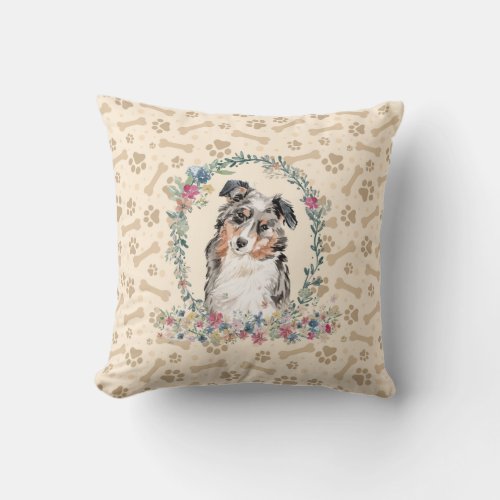 Australian Shepherd Dog Paw Print  Floral Cute Throw Pillow