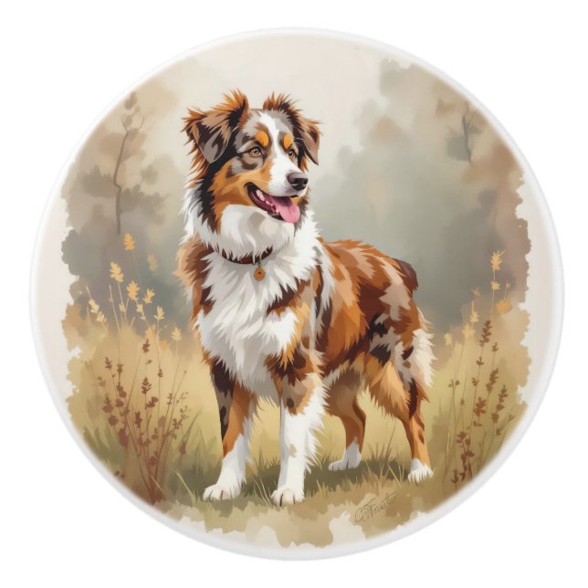 Australian Shepherd Dog Red Merle Aussie Ceramic Knob (Front)