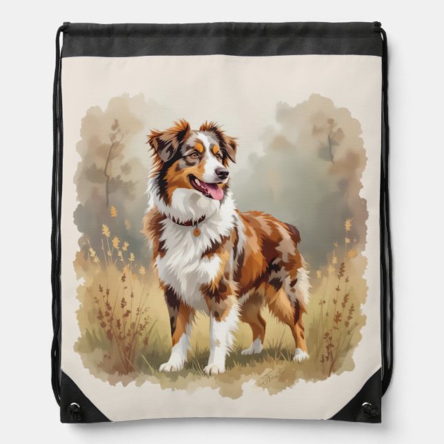 Australian Shepherd Dog Red Merle Aussie Drawstring Bag (Front)