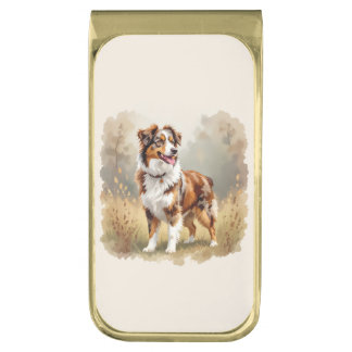 Australian Shepherd Dog Red Merle Aussie Gold Finish Money Clip