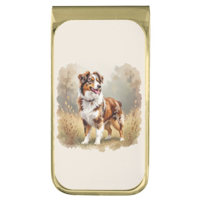 Australian Shepherd Dog Red Merle Aussie Gold Finish Money Clip (Front Vertical)