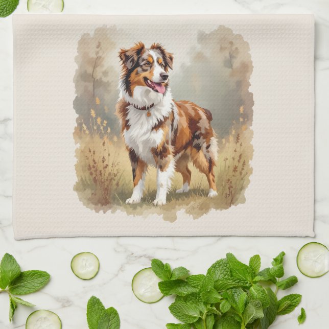 Australian Shepherd Dog Red Merle Aussie Kitchen Towel (Folded)
