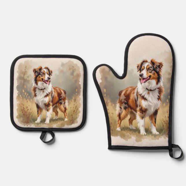 Australian Shepherd Dog Red Merle Aussie Oven Mitt & Pot Holder Set (Front)
