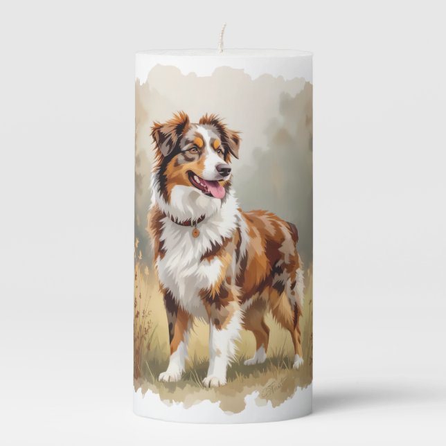 Australian Shepherd Dog Red Merle Aussie Pillar Candle (Front)