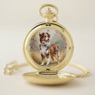 Australian Shepherd Dog Red Merle Aussie Pocket Watch