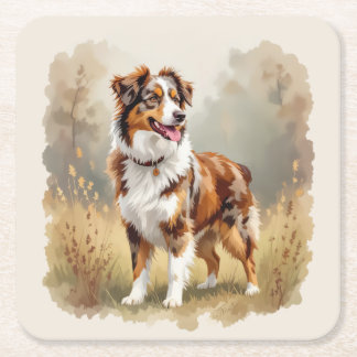 Australian Shepherd Dog Red Merle Aussie Square Paper Coaster