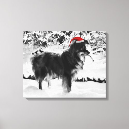 Australian Shepherd Dog Red Santa Hat Oil Painting Canvas Print