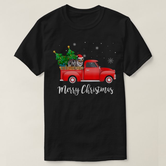 Australian Shepherd Dog Riding Red Truck Christmas T-Shirt (Design Front)