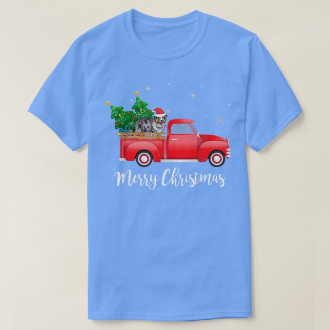 Australian Shepherd Dog Riding Red Truck Christmas T-Shirt (Design Front)