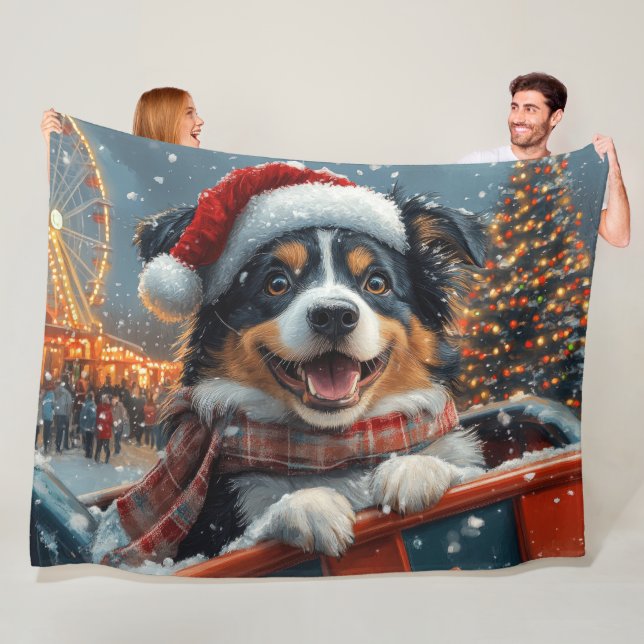 Australian Shepherd Dog Roller Coaster Christmas Fleece Blanket (In Situ)