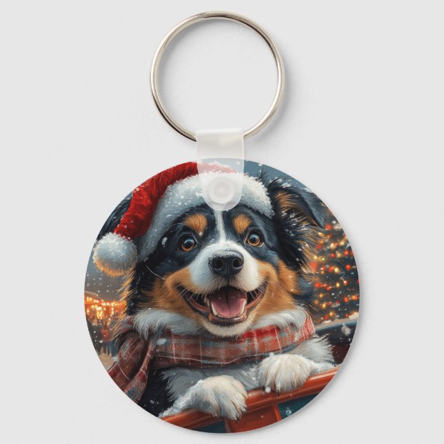 Australian Shepherd Dog Roller Coaster Christmas Keychain (Front)