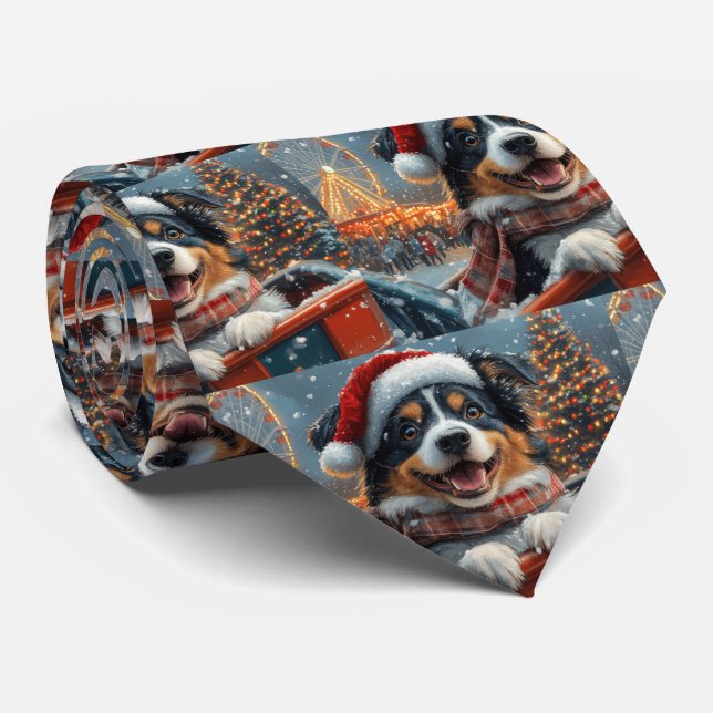 Australian Shepherd Dog Roller Coaster Christmas Neck Tie (Rolled)